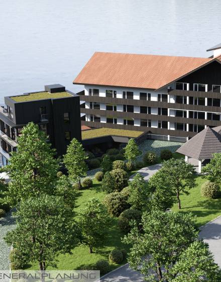 Rendering Eibsee Spa Ansicht Turm und Hotel mit Blick aus See