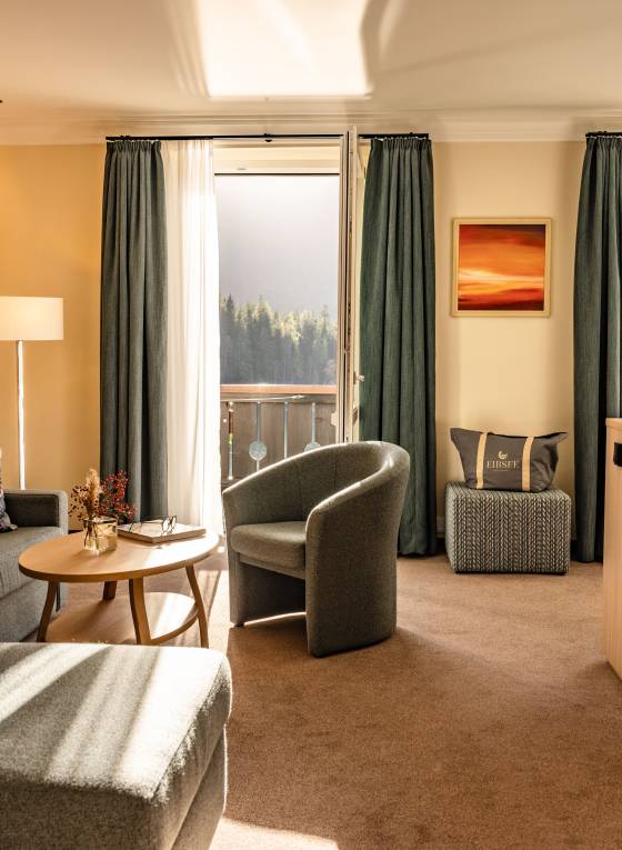 Innenansicht Suite mit Couch und Balkon
