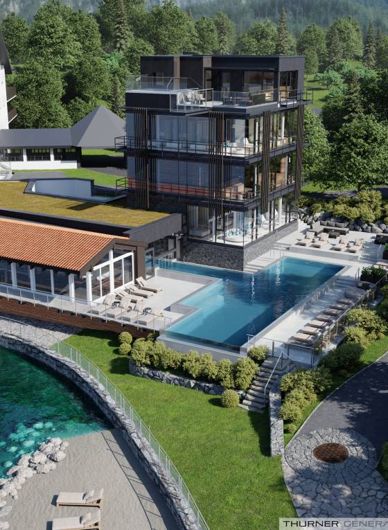 Rendering Eibsee Spa Ansicht vom Strand richtung Hotel
