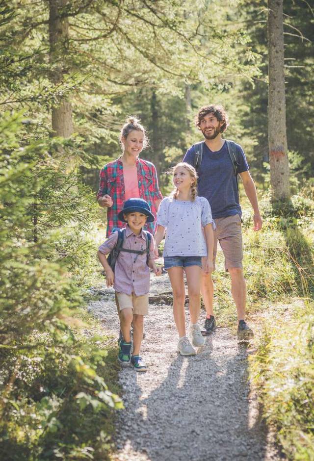 Familie geht im Wald spazieren
