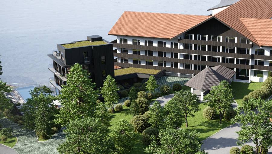 Rendering Eibsee Spa Ansicht Turm und Hotel mit Blick aus See