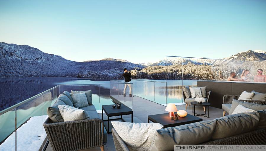 Rendering Eibsee Spa Ansicht Dachterrasse mit Skywalk