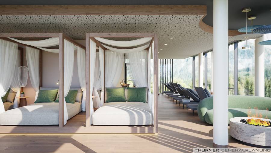 Rendering Eibsee Spa Ansicht Ruheraum mit Blick auf Berge