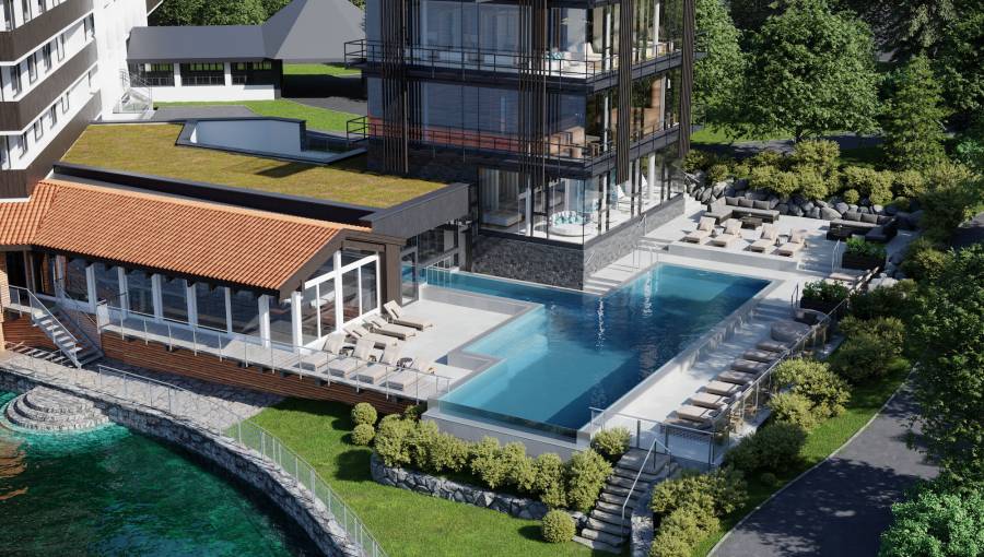 Rendering Eibsee Spa Ansicht vom Strand richtung Hotel