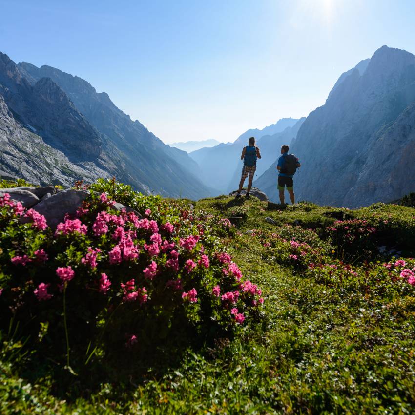 Wanderer in Garmisch auf der Zugspitze schauen ins Tal