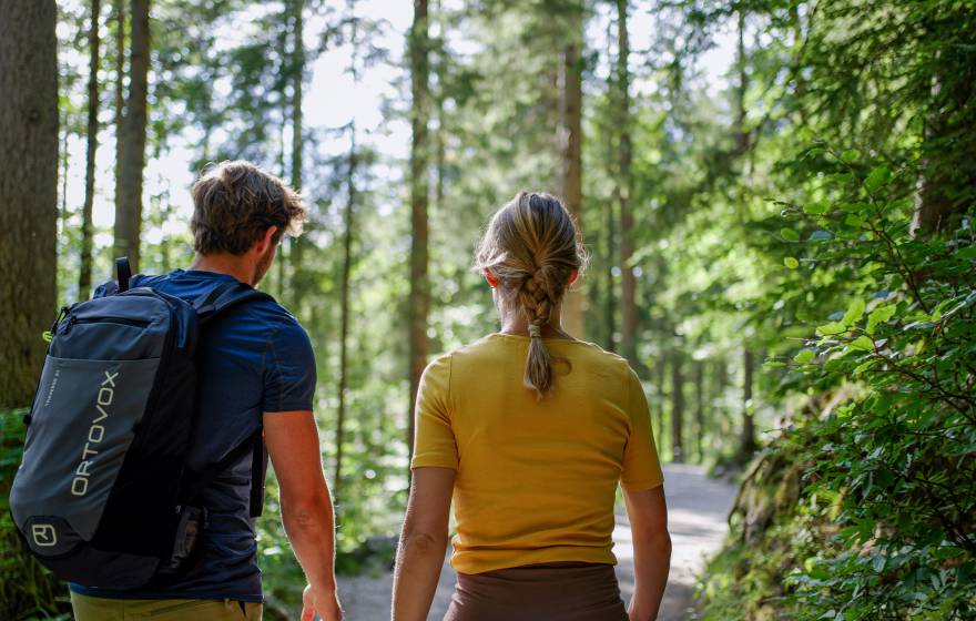 Mann und Frau laufen im Sommer im Wald